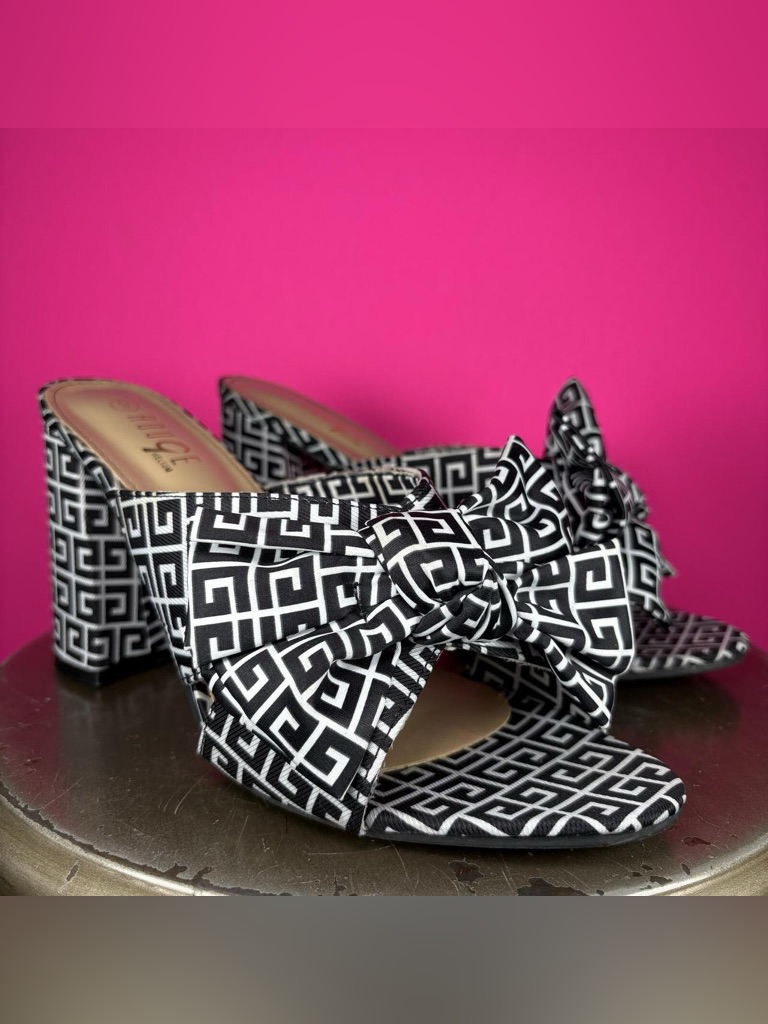 Rouge Helium Black White Geometric Bow Open Toe Block Heel Mule Sandal Us 9